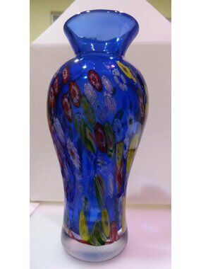 8" Murano Style Cobalt Blue Millefiori Glass Vase - Polished Base - Hand Blown
